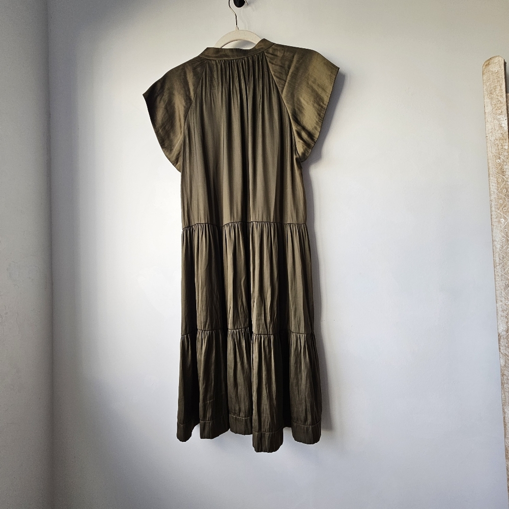 Zadug & Voltaire Rito Tiered Satin Olive Green Flutter Sleeve Dress - Picture 11 of 15